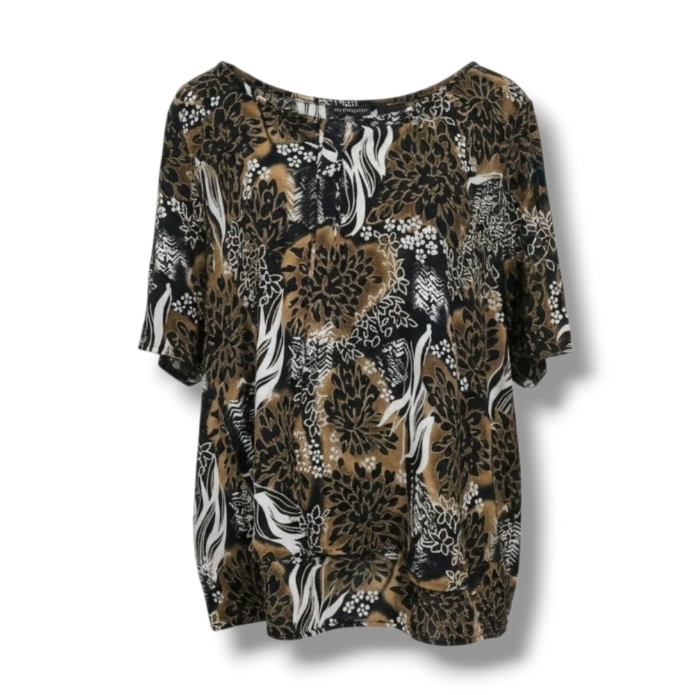 Impressions Women’s Plus Size Brown Black Floral Blouse – 1X, Short Sleeves